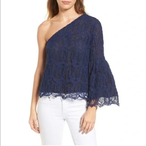 Chelsea 28 One Shoulder Lace Over Top Blue and Black Size Small - Picture 1 of 9
